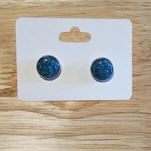 Sparkly Blue Aqua Glitter 11mm Round Stud Earrings